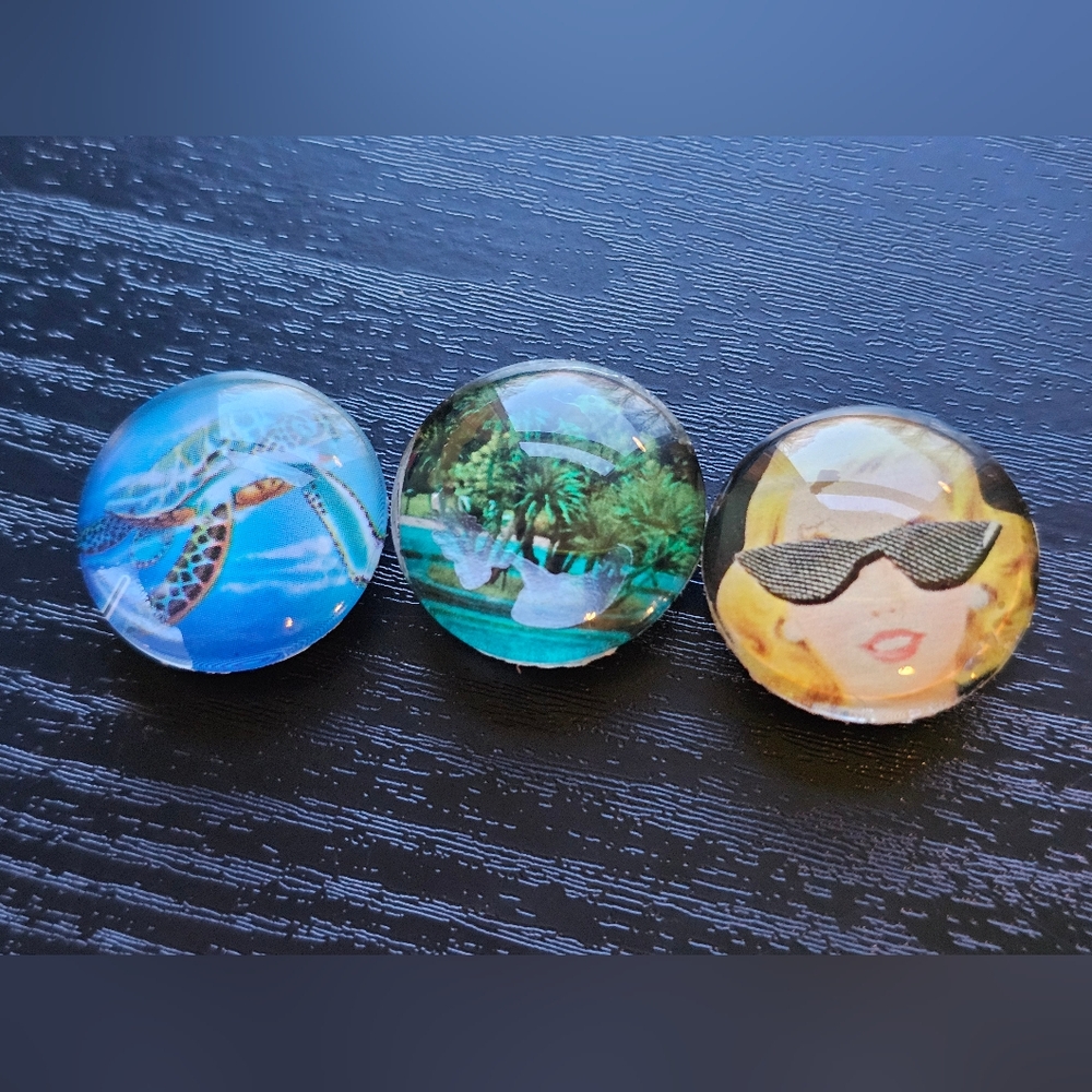 Set of Three Handmade Glass Cabachon Magnets Beach Theme